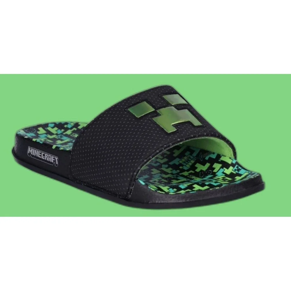 Minecraft Boys Pixelated Green Creeper Slide Sandals Black Shoes Size 4-5 NWT